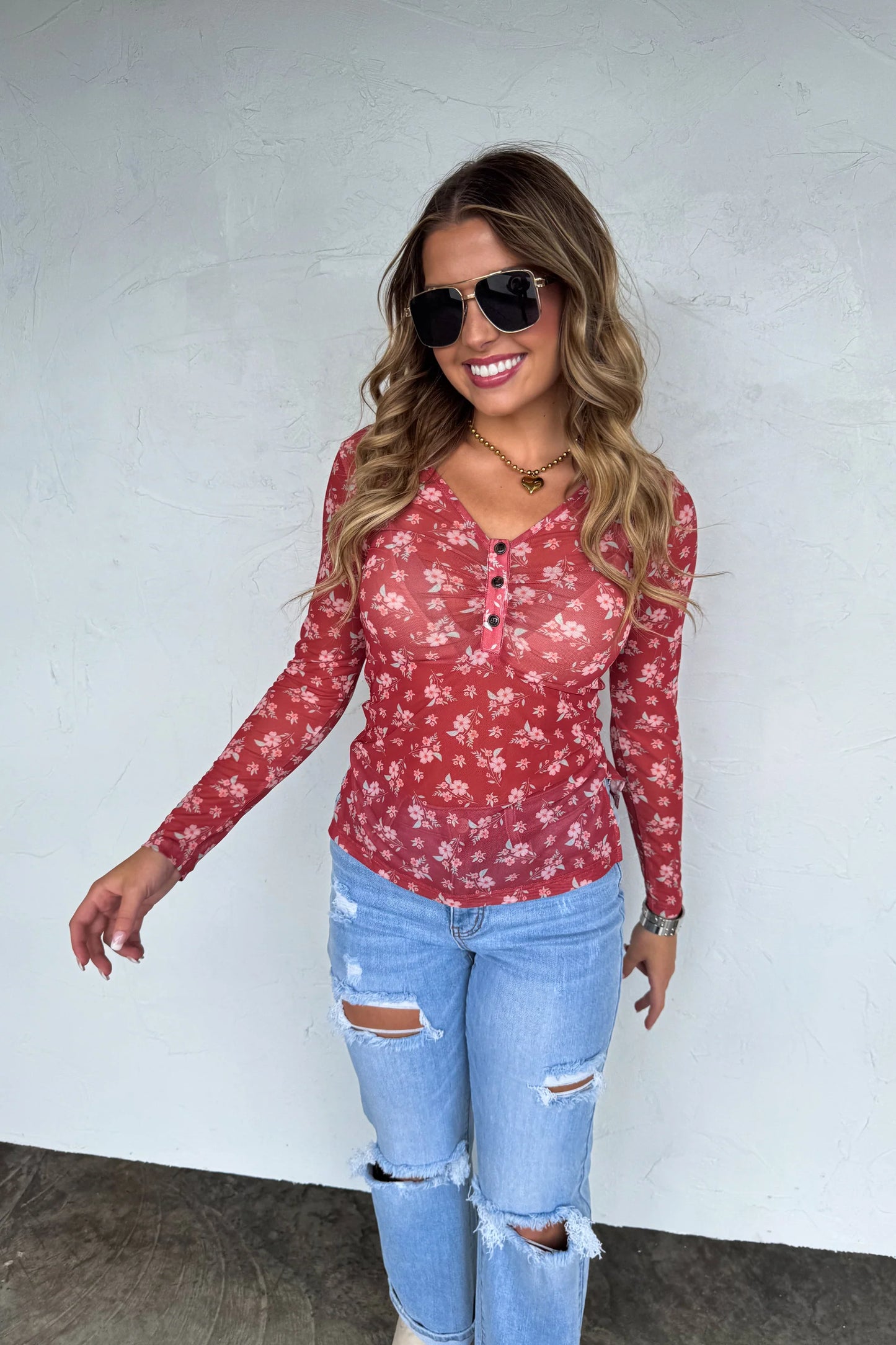 Annie V-Neck Mesh Floral Top