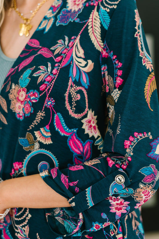 Lizzy Cardigan in Hunter Green Floral Paisley