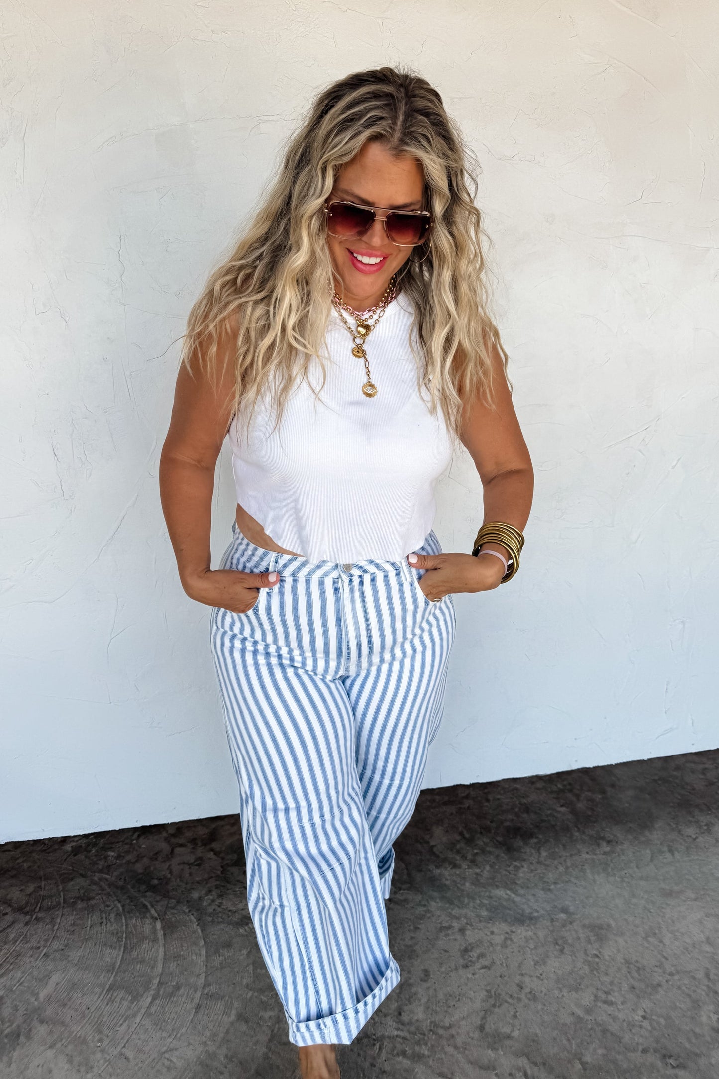 Beachy Stripe Barrel Jean