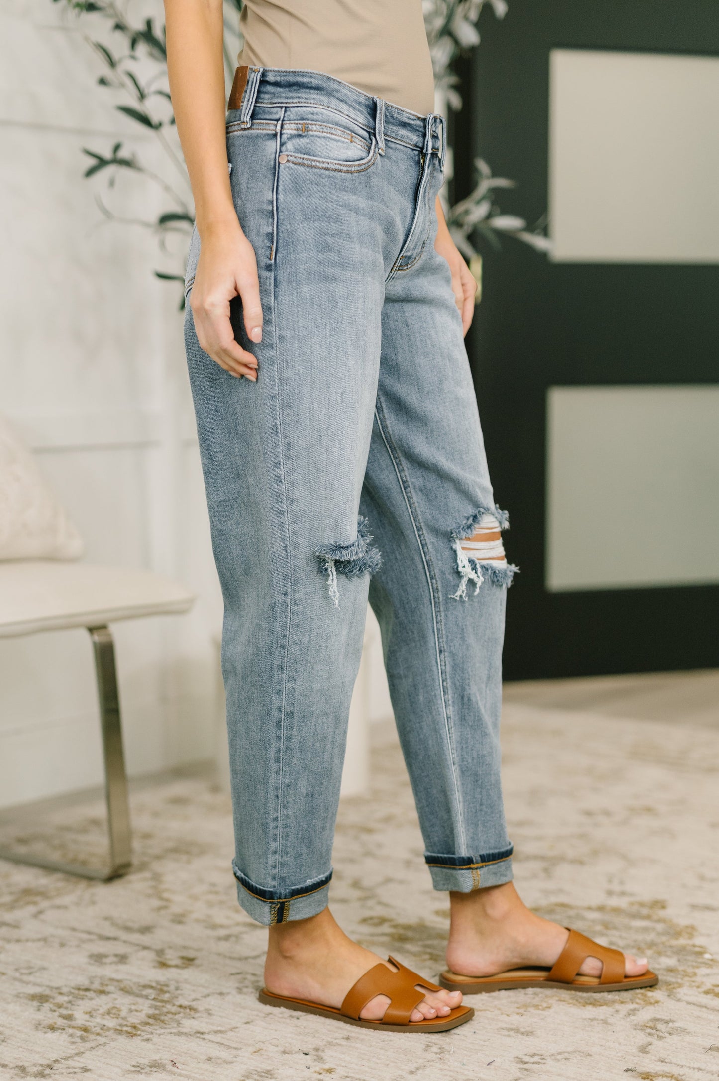 Elaine Mid Rise Boyfriend with Distress & Cuff