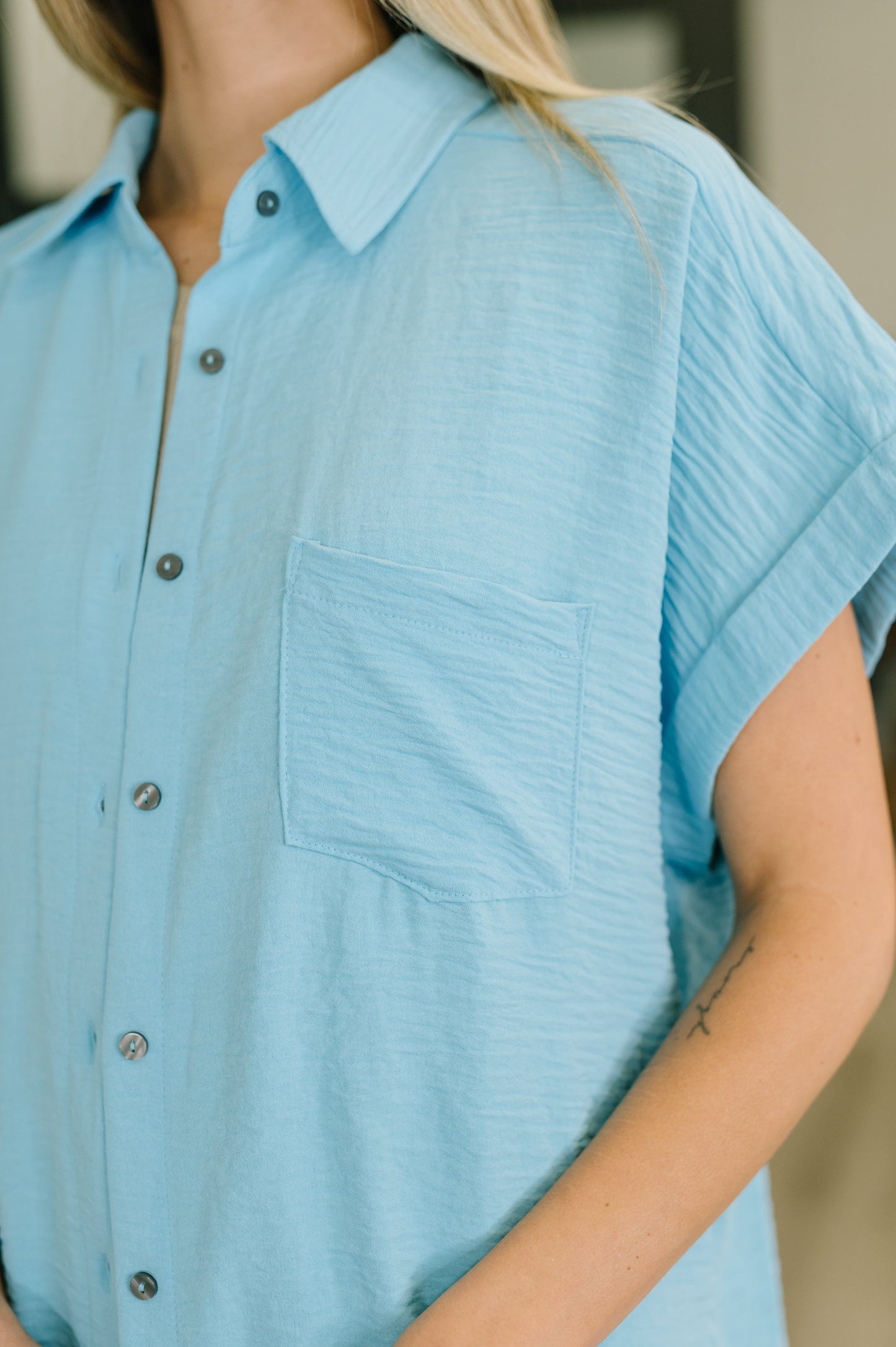 Keep Up Collared Button Down in Sky Blue